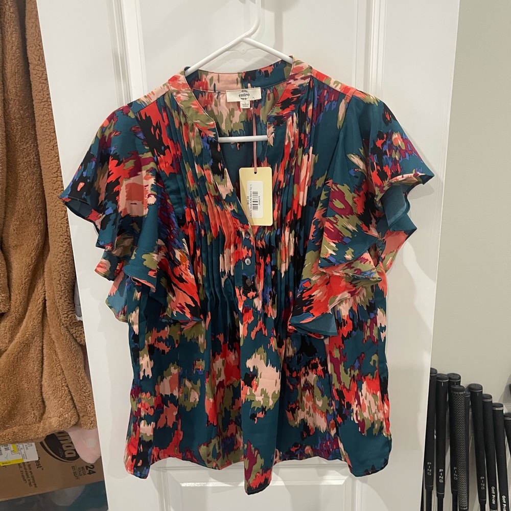 entro Teal Multicolor Abstract Floral Ruffle Sleeve Blouse